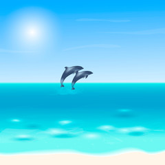 Fototapeta na wymiar Two dolphins jumping out of the sea. Blue sea background with dolphins. Vector Illustration.