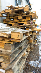 Wooden pallets, dirty old transport pallets outdoor