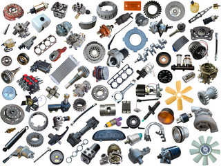 Auto spare parts car on the white background. Set with many isolated items for shop or aftermarket