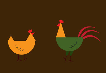 Cute beige and red cock and chicken. Farm animal. Cartoon home pet. Isolated on white background.