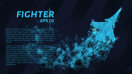 Fighter. A grid of blue stars in the night sky. Points of light create the shape of the fighter. Airplane, army, aviation, air and other concepts illustration or background.