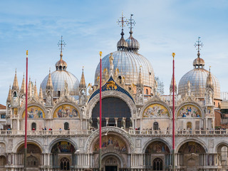 VENICE, ITALY, NOV 1st 2018: Saint Mark's or San Marco Cathedral or Basilica Domes and Bell Tower