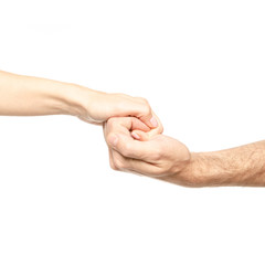 Male and female hand united in handshake help, care on white background isolation