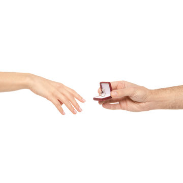 Couple Hands Male And Female Ring Box Proposal On White Background Isolation