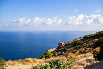 Landscape with a view of the walls of the fortress of Alanya. Asia,Turkey, Alanya peninsula, Antalya district.