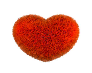 Red fluffy heart. Furry plush heart on white background. Heart shape red fluffy soft pillow or cushion for Valentine's day love. 3d rendering.