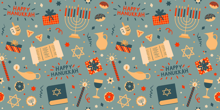 Bright cheerful Happy Hanukkah vector pattern, seamless repeat with red, blue & beige shades. Modern graphic style. Great for gift wrapping paper, greeting cards, apparel design etc.