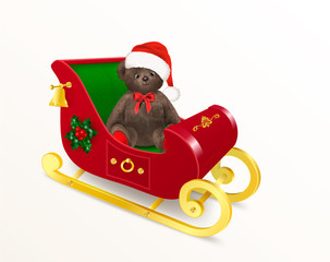 Teddy bear toy sitting in Santa Claus sleigh. Cute teddy bear, wearing a red fluffy hat and a bow or ribbon. Realistic icon or object for Christmas design. Vector Illustration