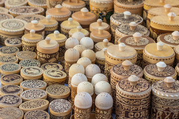 Sochi, Russia - November 24, 2018: decorative wooden tableware