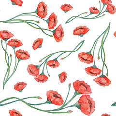 Watercolor vintage red poppies seamless pattern