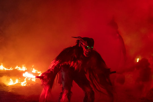 The Krampus masks exhibition in the night.