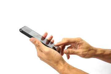 A Cropped of man hand holding and using black smartphone against white background.