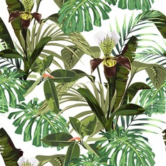 Naklejki  Wzór, tło z brązowej orchidei, palm i bananów pozostawia na białym tle. Ręcznie rysowane ilustracja kolorowy.