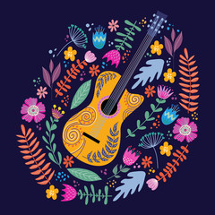 Isolated Guitar and Bright tropical leaves and flowers on blue background. Hand drawing folk flat doodles vector illustration
