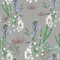 Fototapeta premium Floral seamless pattern with wild violet bels flowers branch, herbs, grasses, fern. Vintage background.