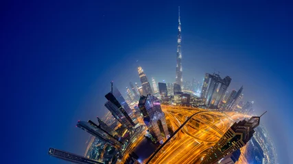Foto auf Alu-Dibond Dubai skyline at night, Little Planet effect. panoramic aerial top view to downtown city center landmarks © Ivan Kurmyshov