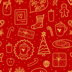 Merry Christmas design wrapping paper. Golden hand drawing on red background. Vector seamless pattern. Holidays mood set. - 237247277