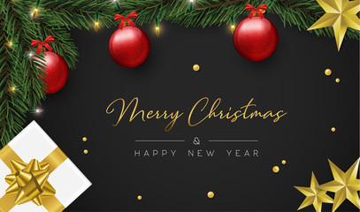 Christmas and Happy New Year pine tree and red ornaments card