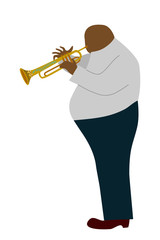 Isolated fat Black man playing trombone cartoon character, flat doodle vector Illustration