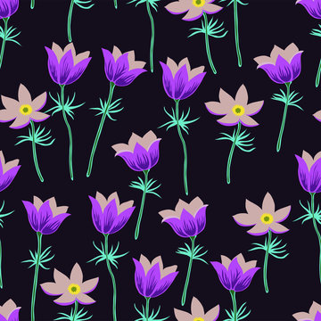 Seamless pattern with pasqueflower