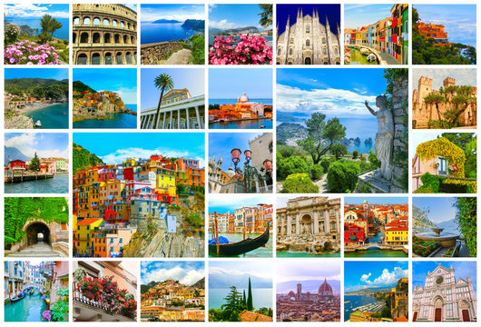 Collage of major Italian travel destinations from photos of Italy. The landscapes of Garda Lake, Venice, Capri island, of Manarola at Cinque Terre, Venice, Rome, Florence, Burano, Sorrento