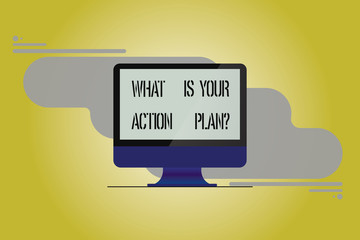Conceptual hand writing showing What Is Your Action Planquestion. Business photo showcasing Explain your steps for reach your goal Mounted Computer Monitor Blank Screen on Abstract Background