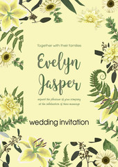 Wedding invite invitation card vector floral with forest leaf, fern, branches, buxus, eucalyptus. Flowers of white lily, gerbera, dahlia. Decorative square