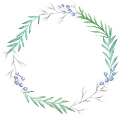 Fototapeta na wymiar Green watercolor floral frame with leaves