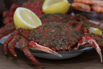 fresh seafood with lemon, spider crabs
