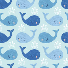 bezszwowe tło wzór z słodkie uśmiechnięte wieloryby w kolorze niebieskim - 237250077