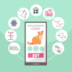 Online shopping of pet care accessories for cats. 9 categories of goods for cats: claw nippers, food, houses, scratching post, brush, toilet, carrying, toys, Flat cartoon vector illustration