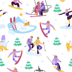 Beautiful vector seamless pattern with ski, snowboarding, snowsh