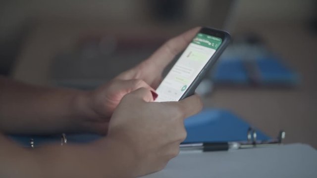 Female Hands Of Businesswoman Texting Message On Smartphone Messaging App