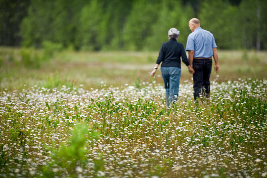 Mature couple walking through a field of flowers hand in hand