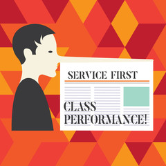 Writing note showing Service First Class Perforanalysisce. Business photo showcasing Great services High quality top the best Man with a Very Long Nose like Pinocchio a Blank Newspaper is attached