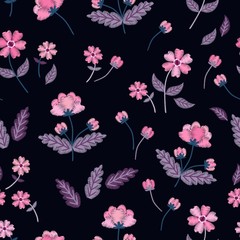Vintage pink flowers in vector. Seamless pattern with embroidery. Beautiful floral illustration on black background.