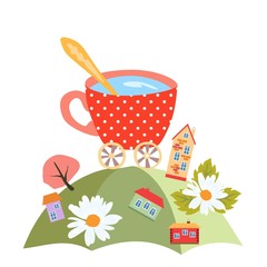Funny country landscape with little buildings and big cup of water isolated on white background in vector. Square fairytale card for baby.