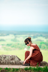 Japanese girl poses for picture in Gold Coast, Australia. Gold Coast is one of the Australia's tourist destination points.
