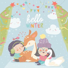 Funny cartoon girls with cute deer in winter forest