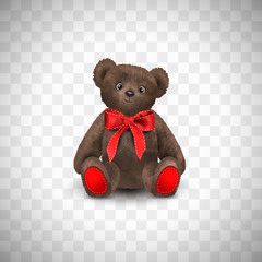 Sitting fluffy cute brown teddy bear with a red bow. Children's toy isolated on transparent background. Realistic vector illustration