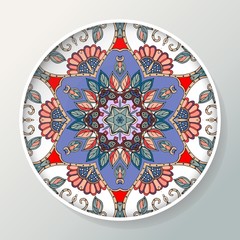 Vector decorative ceramic plate with round mandala pattern.