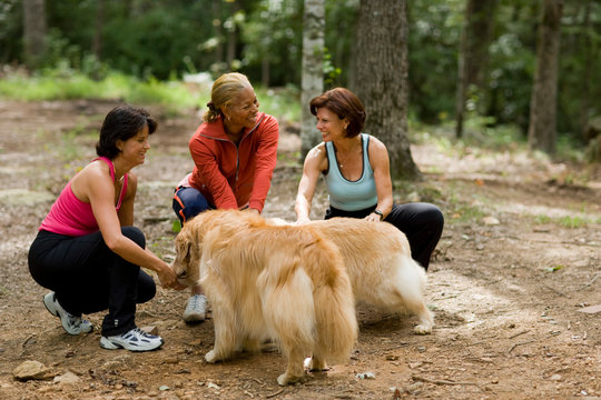 Middle aged women with dogs in forest