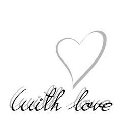 Minimalistic postcard. The shadow of the heart and the inscription black with a shadow, by the hand. With love.