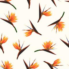 Exotic tropical bright orange flowers isolated on beige background. Strelitzia bird of paradise foliage seamless pattern texture. Vector design illustration for fashion, textile, fabric, decoration.