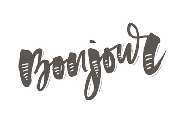 Vector poster calligraphy with Bonjour translation: Hello phrase abstract decor. Handdrawn brush elements in soft palette. Isolated typography card. Design lettering for t-shirt, sticker, print © 1emonkey