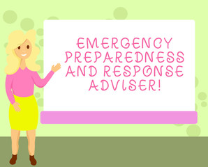 Conceptual hand writing showing Emergency Preparedness And Response Adviser. Business photo showcasing Be prepared for emergencies Female Hu analysis Presenting Rectangular Blank Whiteboard