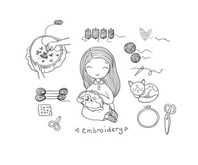 Cute cartoon girl embroiders a beautiful pattern. Sewing kit. isolated objects on white background. Vector