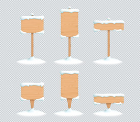 Wooden Sign Winter Snow 3d Vector Illustration Set