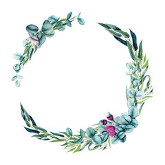 Round Wreath with Watercolor Eucalyptus Leaves
