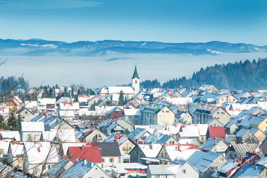 Croatia, Gorski kotar, town of Delnice in winter, panoramic view, houses under snow